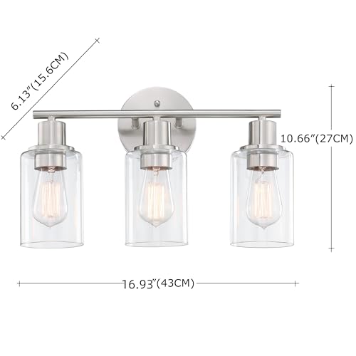 WISBEAM Brushed Nickel Bathroom Vanity Light, 3 Light Bathroom Light Fixtures Over Mirro with Clear Glass Shade Including E26 Medium Base, Bulb NOT Included - color: Silver, size: VNT004