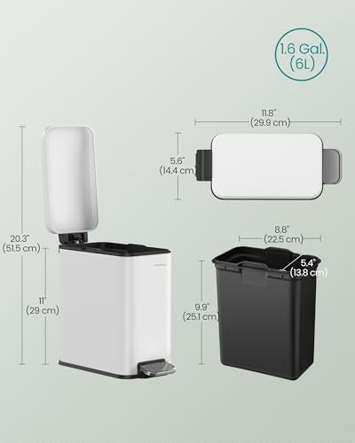 SONGMICS Bathroom Trash Can, 1.3 Gallon (5 L) Small Trash Bin with Lid, Slim for Small Spaces, Stainless Steel Garbage Can, Soft Close, White ULTB560W05 - color: White, style: 1.3 Gal.