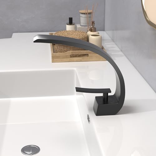 Modern Matte Black Bathroom Sink Faucet, Single Hole with Deck Plate | Premium Solid Brass, NSF Certified, Single Handle, Fits 1 or 3 Hole with Supply Lines, for RV, Farmhouse & Commercia - color: Black