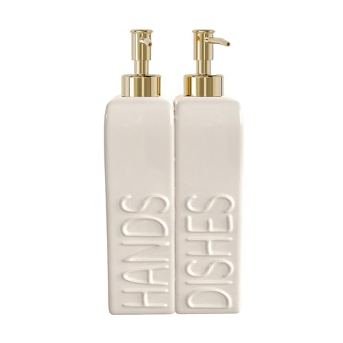 Soap Dispenser Set with Gold Stainless Steel Pump and a Funnel, 2 Pack Modern Ceramic Refillable Hand and Dish Soap Dispenser for Kitchen, Bathroom, Matte White - color: White & Gold