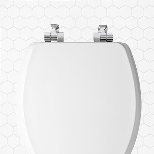 Mayfair Bennett Toilet Seat with Brushed Nickel Hinges, Slow Close Wood Seat, Secure Metal Hinges, Easy Install, Elongated, White - color: Brushed Nickel, size: Elongated