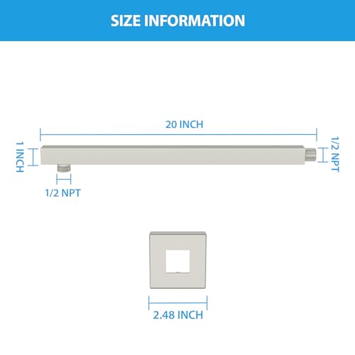 Lordear Wall Mounted Shower Arm, 20 Inch Shower Pipe with Flange, 1/2 NPT Square Shower Stem for Shower Head, Brushed Nickel - color: Brushed Nickel
