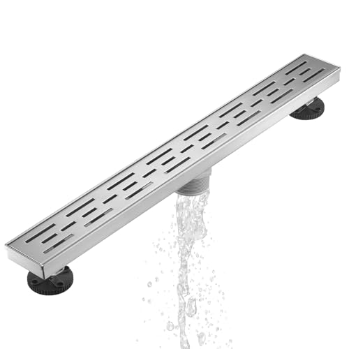 Sharp-tec Linear Shower Drain, 24 inch Shower Drain with Removable Pattern Cover, Brushed Nickel 304 Stainless Steel Rectangle Floor Drain, Adjustable Feet and Hair Strainer Included (Model 101) - color: Brushed Nickel, size: 24 inch