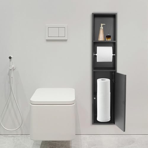 Recessed Toilet Paper Holder, 304 Stainless Steel Bathroom Toilet Paper Holder with Storage Cabinet for Toilet Brush Holder, Built-in Toilet Paper Dispenser (Black)