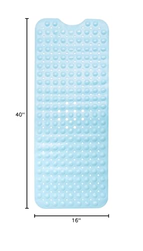 ENKOSI Non-Slip Bath & Shower Mat 40x16 Extra Long, Suction & Drain Holes | Light Blue color; Durable PVC; 40x16 in, Light Blue - color: Light Blue