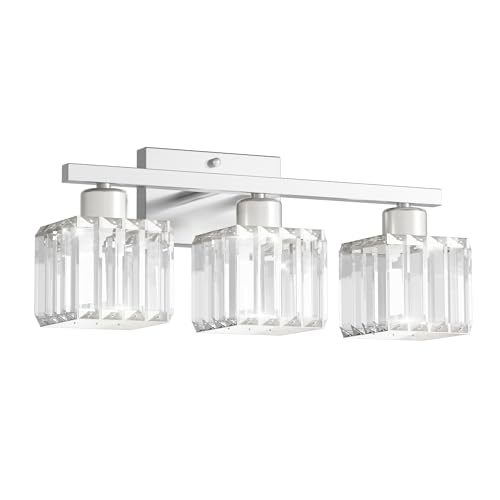 comzler 3-Light Bathroom Light Fixtures Over Mirror, Brushed Nickel Crystal Wall Sconce with E26 Base for Mirror Kitchen Living Room Bathroom, Square Crystal Shades (Bulbs Excluded) - size: Square