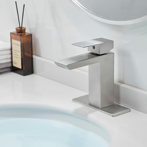 RUMOSE Bathroom Faucets 1 & 3 Hole Vanity Faucet with Drain Brushed Nickel | Single Handle Bathroom Sink Faucet Set Waterfall Spout Kit with Deck Plate Rv Lavatory Basin Faucet, Stainless Steel - color: Brushed Nickel