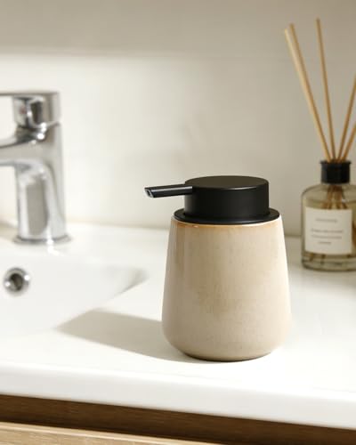 BosilunLife Ceramic Soap Dispenser - Dish Soap Dispenser for Bathroom 12Oz | Refillable Liquid Hand Wash Dispenser for Essential Oil, Lotion Soap, Greige with Speckle - color: Greige