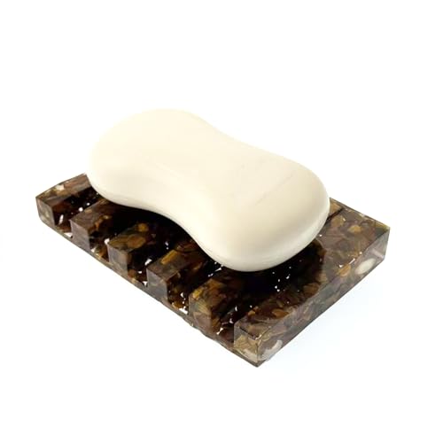 Draining Resin Soap Dish Tray for Shower & Sink, Tiger’s Eye Look Embedded Speckle Design, Quick‑Drain Ridges Keep Bar Soap Dry, Non‑Slip Feet, Gift‑Ready Box, vinsiora Single Soap Holder