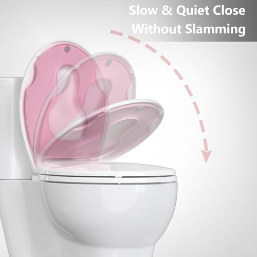 17" Round Toddler Toilet Seat, Built-In Potty Training Seat with Soft Quiet Close Non-Slip Design, Magnetic Kids Seat and Cover for Family Bathrooms, Durable and Easy to Clean,Pink - color: Pink, with Toddler Seat, size: Round (17″)
