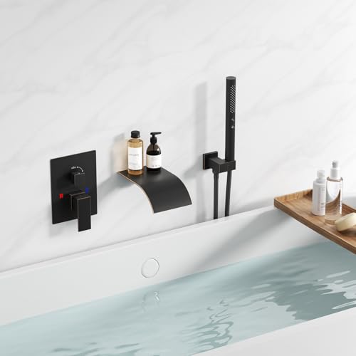 RUMOSE Wall Mount Bathtub Faucet Waterfall Tub Faucet with Handheld Sprayer | Bronze, 2 in 1 Handheld, Modern Bathroom Tub Filler Brass Single Handle Shower Faucet Set, High Flow Rough in Valve - color: Bronze