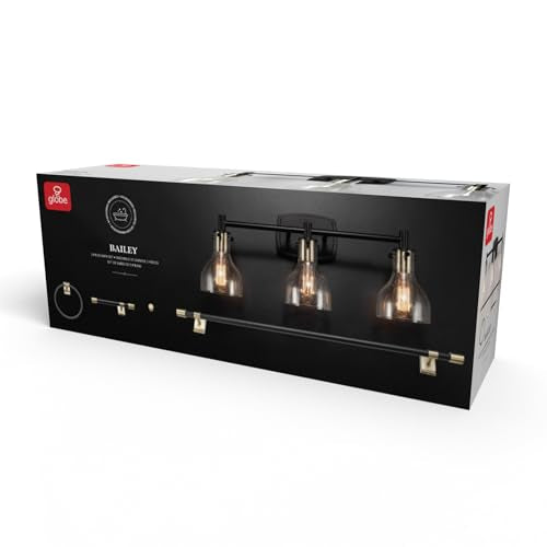 GLOBE Electric 63000062 5-Piece All-in-One Bathroom Set, Matte Black & Brass, 3-Light Vanity Light, Seeded Glass, Towel Bar, Toilet Paper Holder, Towel Ring, Robe Hook, Bathroom Lights Over Mirror - color: Matte Black, Bailey (5-Piece)