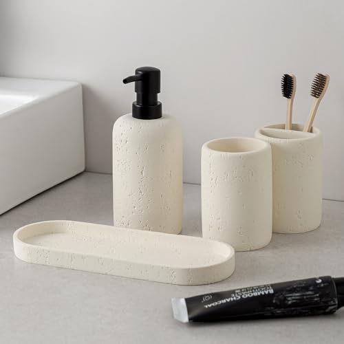 Bathroom Accessories Set,4 PCS Travertine Stone Look Collection,Cream | Modern Bath Organizer with 13.53 OZ Soap Dispenser, Toothbrush Holder, Tumbler, Vanity Tray for Countertop Kitchen Sink - color: Cream