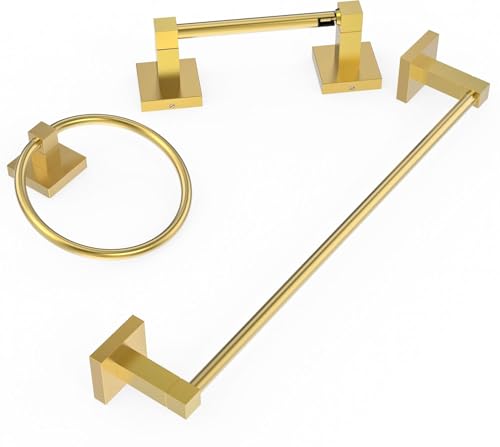 RUACQ 3 Pieces Bathroom Hardware Set, SUS 304 Stainless Steel Toilet Paper Holder, Towel Ring, 18-inch Towel Bar Set, Wall Mounted, Heavy Duty (Brushed Gold) - color: Brushed Gold, size: 3pcs