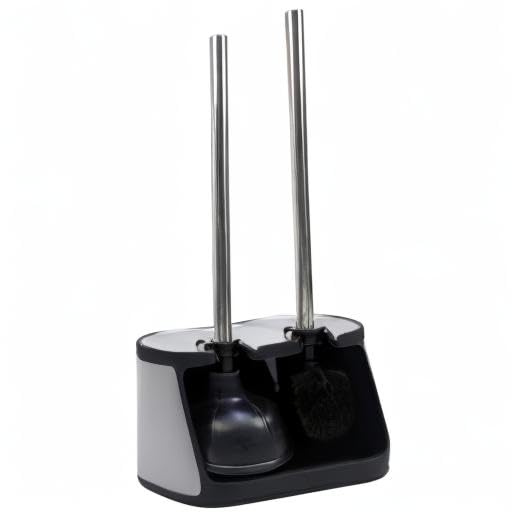 Casaphoria Stainless Steel Toilet Bowl Brush with Holder and Plunger Set, Freestanding Canister for Bathroom, 2 in 1 Hideaway Holder Heavy Duty Unclogger Plunger - style: Deluxe Long_handle