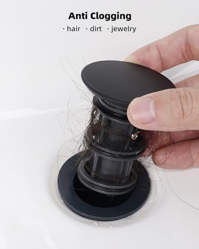 Universal Bathroom Sink Drain Stopper with Overflow, Pop Up, Matte Black | Bathroom Sink Stopper for Vessel Sink, Push and Seal Vessel Sink Drainer Stopper, Anti-Clogging Strainer - color: Matte Black