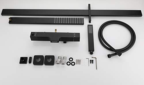 Wall Mounted Contemporary Thermostatic Shower Faucet Set Mixer Bathroom Bathtub Tap Fixtures Rainfall Waterfall Exposed Pipe Shower System with Tub Spout for Shower and Bath 3 Functions Matte Black