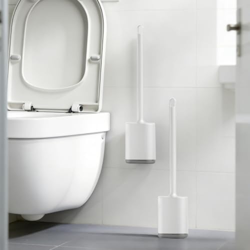 Silicone Toilet Brush and Holder Set, Flexible Toilet Bowl Brush Head with Silicone, Long Handle, Wall Mounted with Removable Anti-Leakage Base, Soft Bristles for Bathroom Deep Cleaning (White) - color: White