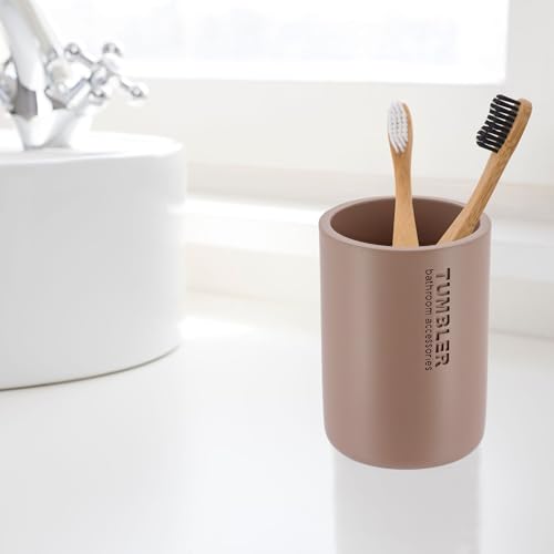 Matte Cappuccino Bathroom Cup, Toothbrush & Toothpaste Holder, Resin | Compact, Vanity Organizer for Toothbrushes, Razors & Makeup Brushes, Easy to Clean Surface, Durable Construction - color: Cappuccino