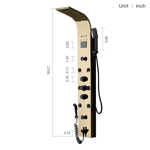 BWE Shower Panel Tower 304 Stainless Steel with 6 Body Jets and 2 Mist Sprays Polished Gold Rainfall Shower and Handheld Shower Shower System with Temperature Digital Display - color: Gold