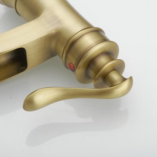 BWE Antique Brass Waterfall Bathroom Faucet, Single Hole Vanity Faucet with Pop Up Drain and Supply Hose for Rustic Home, Powder Room and Guest Bathroom, Solid Brass Construction - color: Antique Brass