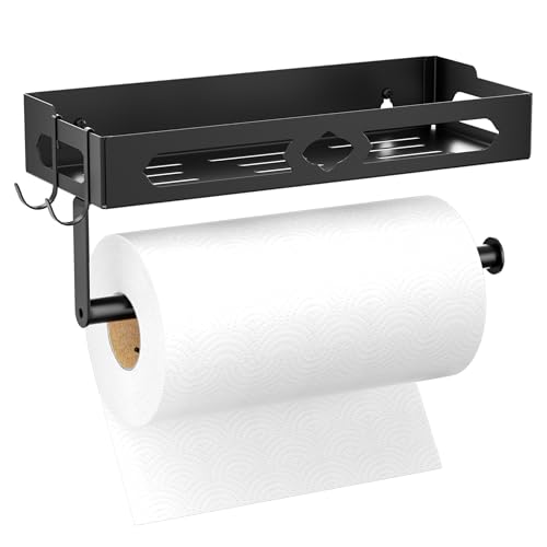 Wall Mount Paper Towel Holder with Shelf for Bathroom, Kitchen,Black 2Hooks | Metal Spice Rack, Easy One-Hand Tear Design Mounted Hanging Hand Paper Towel Roll Holder for RV, Home(Self Adhesive or Drill) - color: Black