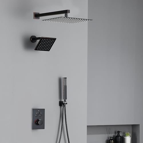 Thermostatic Dual Shower System, Shower Faucet(Oil Rubbed Bronze) | 12 Inch Shower Head, 6 Inch Wall Mount Head, High Pressure Handheld Sprayer, Push Button Valve - color: Oil Rubbed Bronze