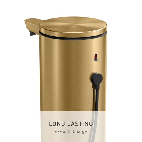 simplehuman Liquid Sensor Pump, 9 oz Automatic Soap Dispenser for Kitchen and Bathroom, Touchless Motion Sensor, Variable Dispense, Rechargeable, No-Drip Spout, High-Grade Brass Stainless Steel - color: Brass, style: 9 Oz.