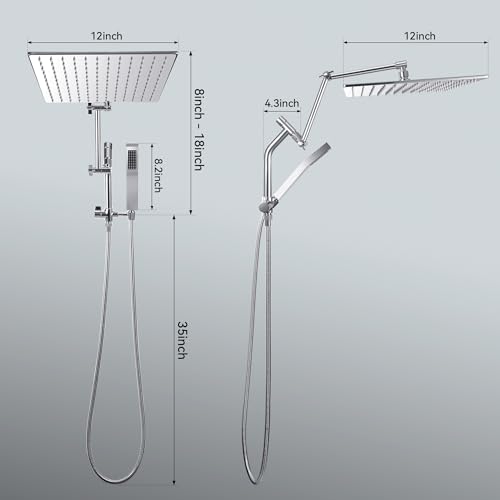 All Metal 12 Inch Rain Shower Head with Handheld Built-in Power Wash Mode, High Pressure Waterfall Rainfall Square Shower Heads with 16" Adjustable Extension Arm, Dual Showerhead(Chrome) - color: Chrome, size: 12 Inch