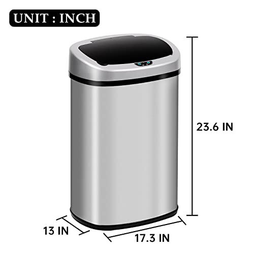 13 Gallon Trash Can Automatic Kitchen Garbage Can Easy-Clean 50L Stainless Steel Brushed Motion Sensor Waterproof with Lid for Bathroom Office (Sliver)