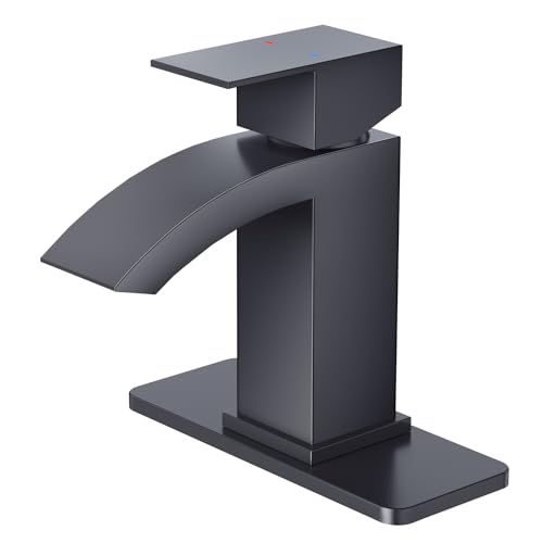 CREA Matte Black Waterfall Bathroom Faucet 1 Hole Single Handle Bathroom Sink Faucet with Pop Up Drain,Stainless Steel RV Vanity Faucet Basin Mixer Tap 3 Hole Plate Water Supply Line - color: Matte Black, style: Rectangular Spout