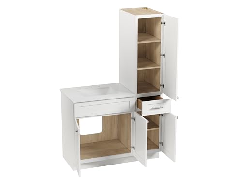 45" Bathroom Vanity with Linen Storage Tower, Carrara Quartz Top and Ceramic Sink, Left or Right Side Option, Solid Wood Frame, 46" x 22" x 72" (White, Left Tall Cabinet) - color: White