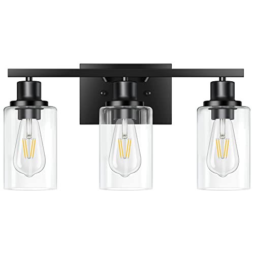 3-Light Vanity Light, Matte Black Bathroom Lighting Fixtures Over Mirror, Modern Metal Wall Lights for Hallway Kitchen Bedroom Living Room | Wall Sconce Light Fixture with Clear Glass Shade Matte Black Modern Metal Wall Lights for Hallway Kitchen Bedroom