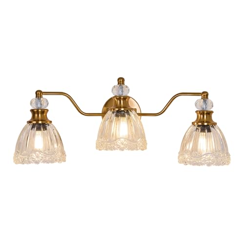 ASGYISA Lyfeesis Gold Bathroom Light Fixtures Over Mirror Vintage Brass Vanity Light 3 Light Crystal Glass Shade Matte Antique Brass Finish