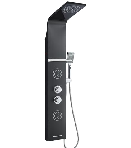 POPFLY LED Shower Panel Tower with Shelf, Mist & Rainfall Shower System | 304 Stainless Steel Shower Tower with 2 Body Massage Jets, Tub Spout, 3-Function Handheld Shower, Matte Black - style: 2 Body Jets with Shelf-Black