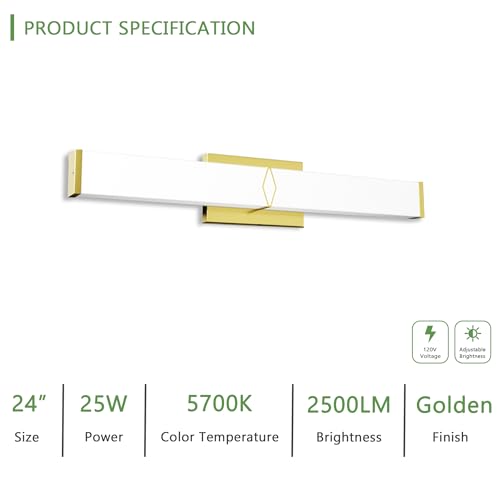 24 Inch Bathroom Vanity Light 2500LM, 5700K Daylight White Modern Bathroom Light Dimmable, AC 120V 25W Gold LED Vanity Lighting Fixtures Wall Sconce ETL Certified, 2Pack - color: Gold-5700K, size: 24 INCH(2 Pack)