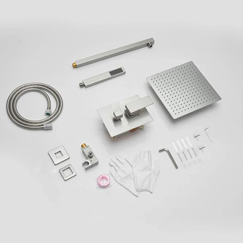 BWE 12 Inch Brushed Nickel 2-Faction Wall Mounted Bathroom Shower System | Brass and Stainless Steel,Rainfall Shower Head,Handheld Shower Head,Pressure Balance Valve,Escutcheon Plate,Hotel,Bath Center - color: Brushed Nickel, size: 12 Inch
