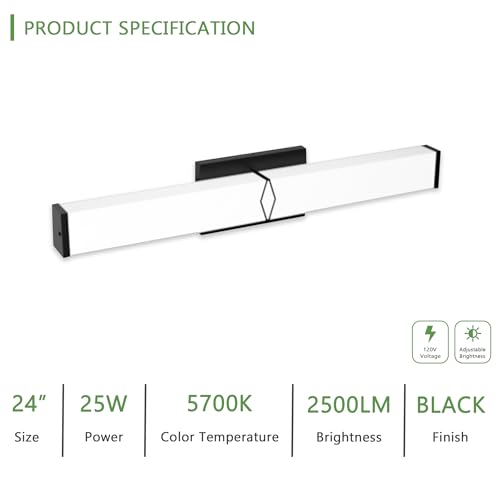 24 Inch Bathroom Vanity Light 2500LM, 5700K Daylight White Modern Bathroom Light Dimmable, AC 120V 25W Matte Black LED Vanity Lighting Fixtures Wall Sconce ETL Certified, 1Pack - color: Matte Black-5700K, size: 24 INCH