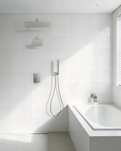 Rain Shower System with Rough-in Valve, Wall Mount Shower Faucet Set with 12" & 6" Dual Rain Shower Heads, 2-in-1 Handheld Shower, Tub Spout, 4-Function Complete Shower Fixture, Brushed Nickel - color: Brushed Nickel, size: Wall Mount-12"+6" head with Tub