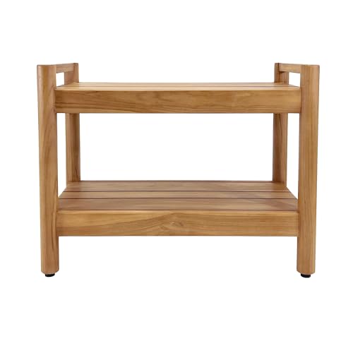 Asta Select Solid Teak 26" Shower Bench with Arms, Portable Teak Wood Spa/Shower/Outdoor Bench with Storage Shelf, Accent Side Table, Fully Assembled, ST-62A
