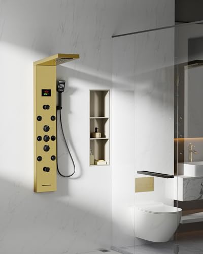 Homevacious Polished Gold 5 In 1 Shower Panel Tower System Stainless Steel | LED Rain Waterfall Shower Head and Adjustable Massage Body Jets 3 Settings Handheld Head and Tub Spout Bathroom Panel - color: Polished Gold
