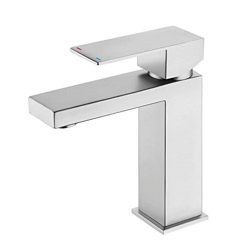 KES Single Handle Bathroom Sink Faucet, Brushed Steel, Modern Single Hole | CUPC NSF Certified, 1.2 GPM, Lead-Free SUS304, Easy To Install - color: Brushed Steel, style: NO Drain - Short Faucet