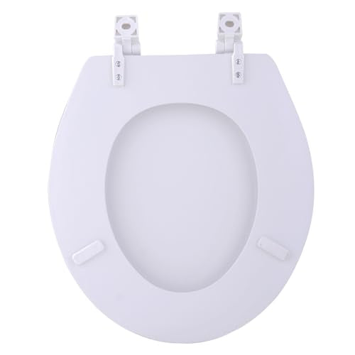 PowerSellerUSA Round Toilet Seat, Adjustable Hinges Wood Toilet Seats with Non Slip Grip Tight Bumpers, Standard Heavy Duty Wooden Bathroom Toilet Seat Close Lid Set, White - color: White - Wood, size: 17" Standard