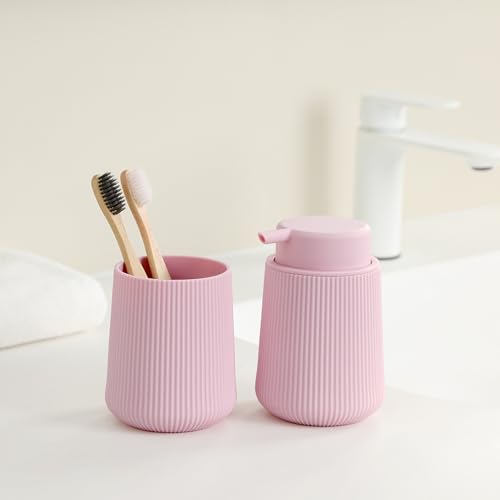 YAUKPH Pink Striped Toothbrush Holder | for Electric Toothbrushes Bathroom Organizer Cup for Toothpaste Kids & Adults - color: Pink Ribbed