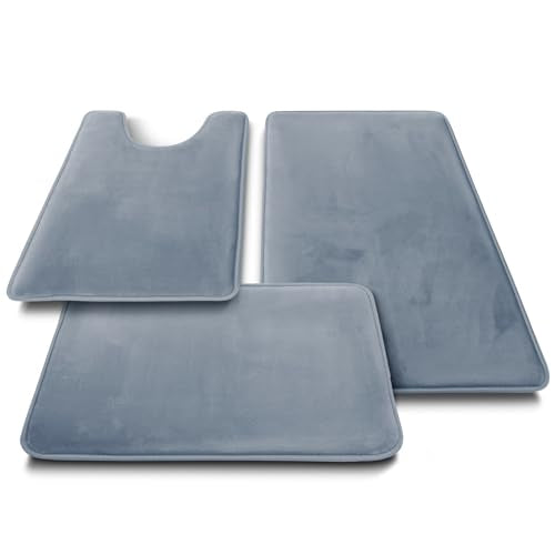 Clara Clark 3 Piece Bathroom Rugs, Velvet Memory Foam Bath Mat Set, Non-Slip Bath Rugs, Machine Wash, Dries Quickly, Ultra Soft Plush Bath Mats for Bathroom, 17 x 24/20 x 32 / Contour, Stone Blue - color: Stone Blue