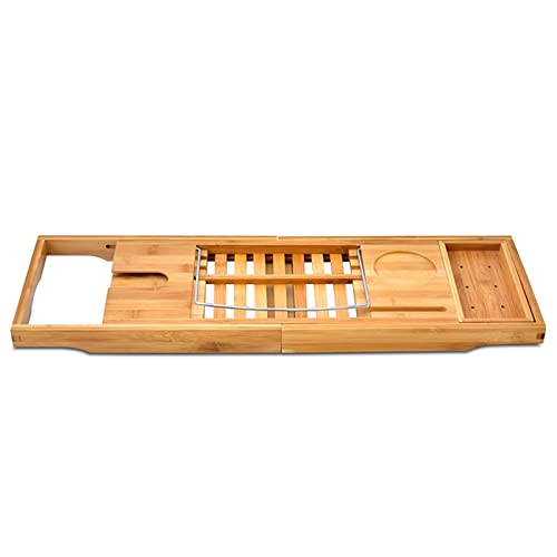 Expandable Bath Tub Tray Table for Luxury Bath, Adjustable Bamboo Bath Caddy Tray with Towel/Wine/Book Holder, Home Bath Accessories