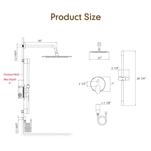 Gabrylly Shower System, Slide Bar Shower Faucet Set, 12", Brushed Nickel | Rainfall Shower Head with 5-Setting Handheld Spray, Wall Mounted Shower Set Included 2-Way Shower Valve and Trim Kit - color: Brushed Nickel, size: 12 Inch