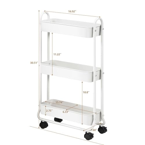 SunnyPoint Slim Rolling Storage Cart, 3 Tier Bathroom Storage Organizer Bathroom, Laundry Utility Cart (White) - color: White