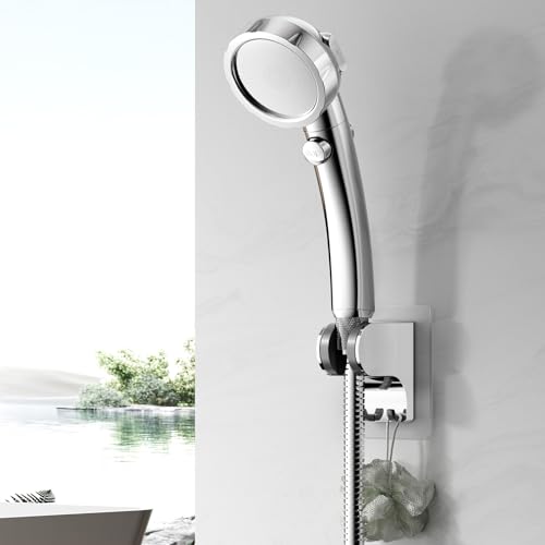 HANLIAN Strong Adhesive Handheld Shower Head Holder Without Drilling | 50° Adjustable Shower Wand Holder Wall Mount with Hooks, Waterproof Hand Held Showerhead Bracket with Hanger(Chrome, 1 piece) - color: Chrome