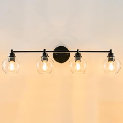 VONLUCE 4 Light Bathroom Vanity Light Fixtures, Black Finish | Globe Glass Shades, E26 Sockets, Easy to install, Vanity Lights for Bedroom Hallway Living Room - color: Black, size: 4-Light